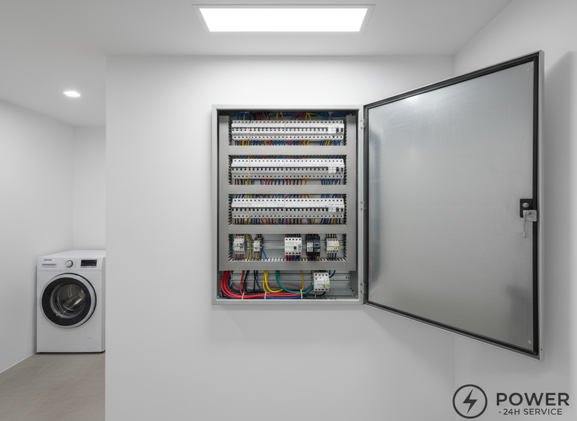 A meticulously organized electrical control panel with rows of neatly labeled circuit breakers and color-coded wiring, mounted on a clean white wall in a modern Ibiza apartment utility room. The brushed metal door of the panel is open, revealing tidy cable management and high-quality components. Cool, even artificial lighting from an overhead LED panel illuminates the scene, creating crisp reflections on the metal surfaces and subtle, controlled shadows. Photographic realism with a professional, technical mood, shot at eye level with sharp focus throughout, emphasizing order, safety, and reliability. The background is minimal and slightly blurred, reinforcing a clean, contemporary aesthetic suitable for a 24-hour electrical service brand.