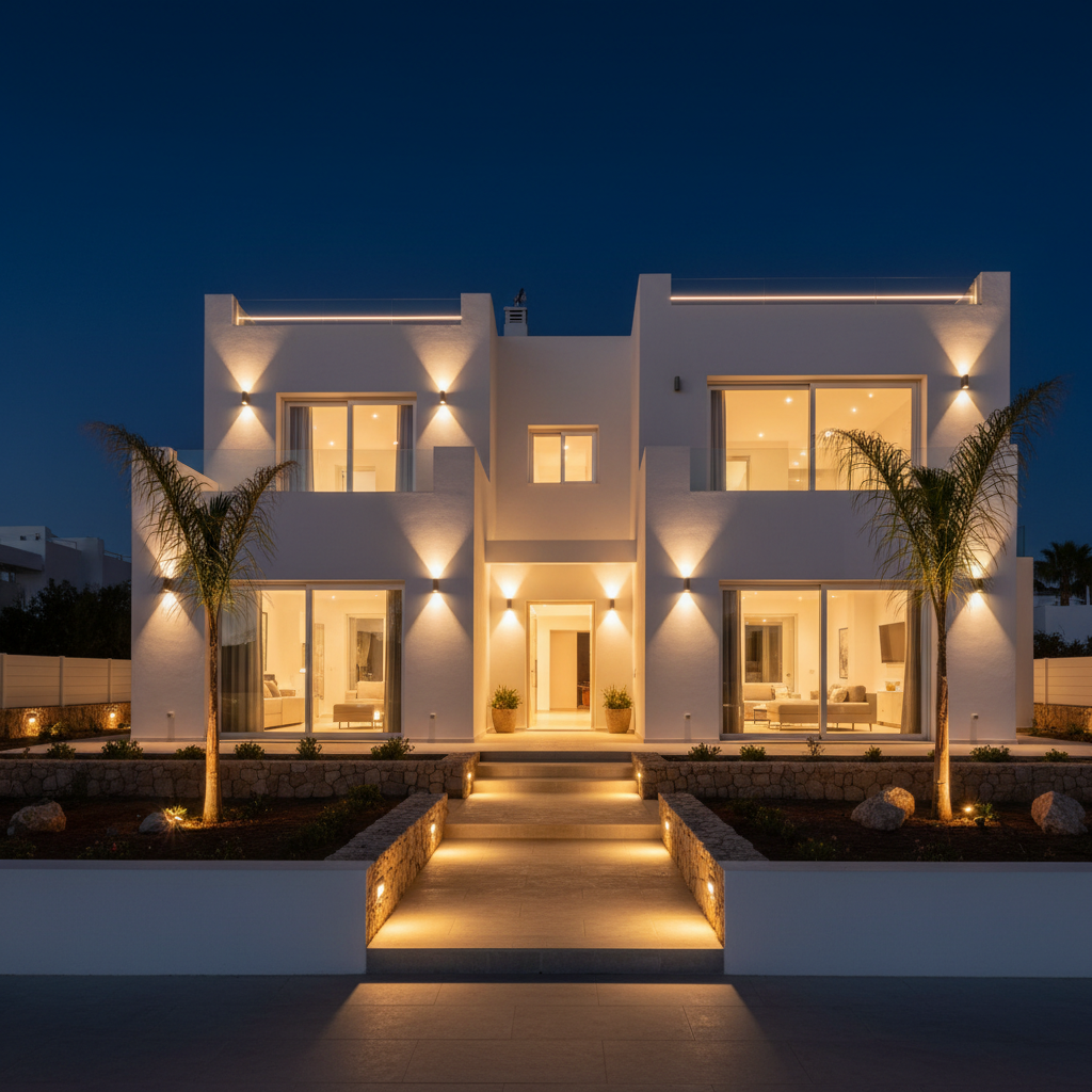 A modern Ibiza villa exterior at night, its clean white facade and minimalist architecture dramatically lit by warm, perfectly functioning exterior lights along pathways, steps, and balconies. Discreet wall-mounted fixtures and ground spotlights cast soft pools of light and gentle shadows against the smooth stucco walls, emphasizing palm trees and low stone walls in the garden. The sky is deep blue-black, subtly reflecting on large glass windows that glow with a soft interior light. Photographic realism with a slightly wide-angle, eye-level composition, sharp focus across the scene. The atmosphere is secure, calm, and reassuring, visually communicating the reliability of professional electrical installation and maintenance for residential properties.