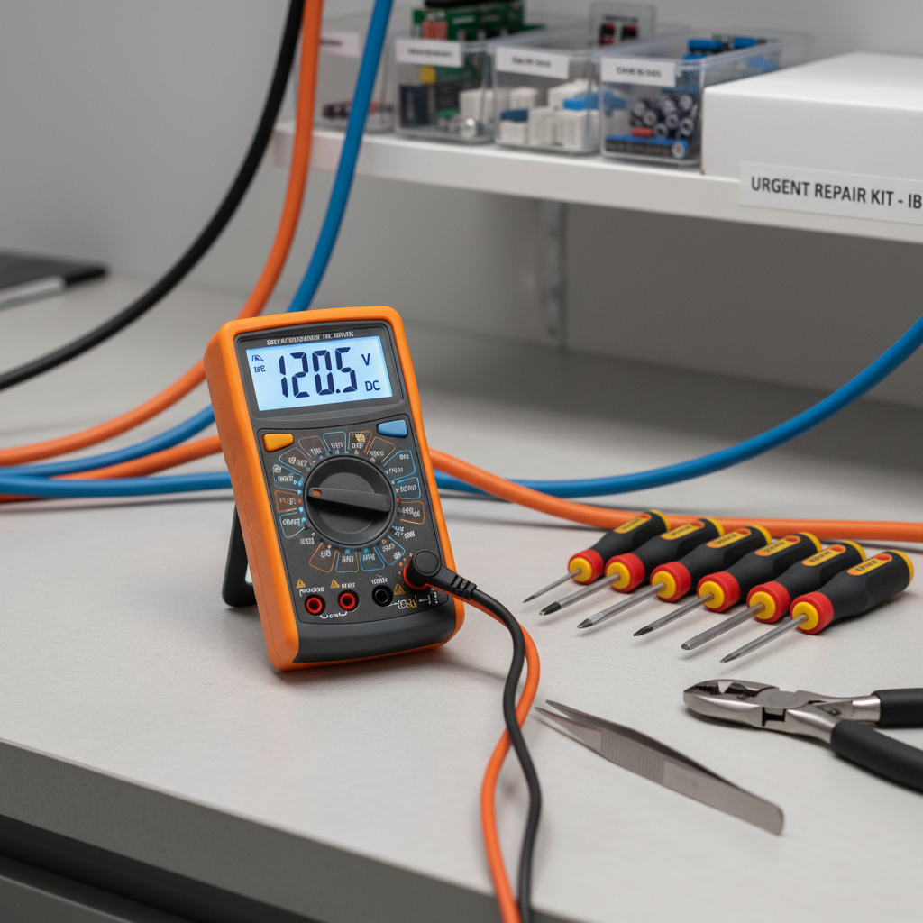 A close-up of a sleek digital multimeter resting on a smooth light-grey workbench, its bright display clearly showing voltage readings next to neatly arranged insulated screwdrivers and precision electrical tools. Thick, coiled orange and blue cables frame the composition, leading toward a blurred background of an organized shelf with labeled electrical components. Neutral white studio lighting casts soft, even illumination, highlighting textures of rubber grips, matte plastic, and polished metal tips. Shot from a slightly elevated angle with shallow depth of field, the mood is precise, professional, and trustworthy, conveying advanced diagnostic capability for urgent electrical repairs in Ibiza. Photographic realism with a clean, modern, technical aesthetic.